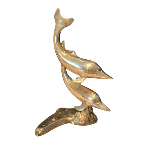 Vintage Large Brass 2 Swimming Dolphins Playful Sculpture Figurine Statues - Picture 1 of 11